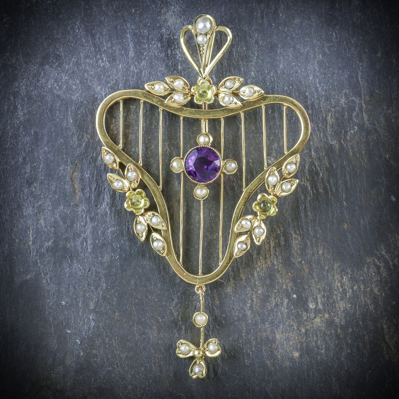 SUFFRAGETTE PENDANT AMETHYST PERIODT PEARL 9CT GOLD  FRONT