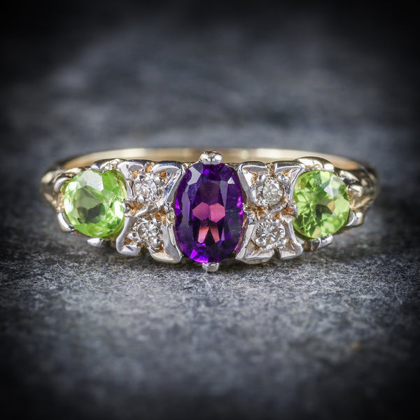 SUFFRAGETTE RING AMETHYST PERIDOT DIAMOND GOLD FRONT