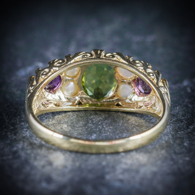 Suffragette Ring Amethyst Peridot Pearl 9ct Gold Ring Antique