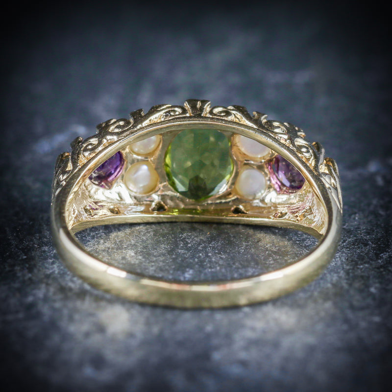 SUFFRAGETTE RING AMETHYST PERIDOT PEARL 9CT GOLD RING BACK