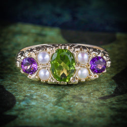 SUFFRAGETTE RING AMETHYST PERIDOT PEARL 9CT GOLD RING COVER 
