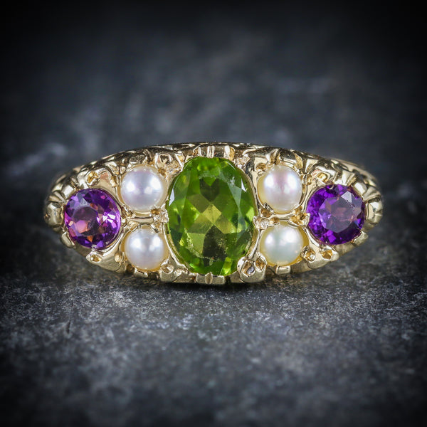 SUFFRAGETTE RING AMETHYST PERIDOT PEARL 9CT GOLD RING FRONT