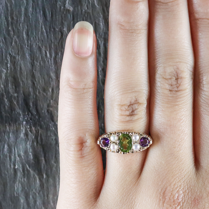 SUFFRAGETTE RING AMETHYST PERIDOT PEARL 9CT GOLD RING HAND