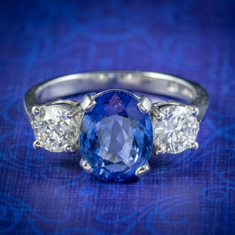 SAPPHIRE DIAMOND TRILOGY RING PLATINUM 3.38CT SAPPHIRE 1.20CT OF DIAMOND