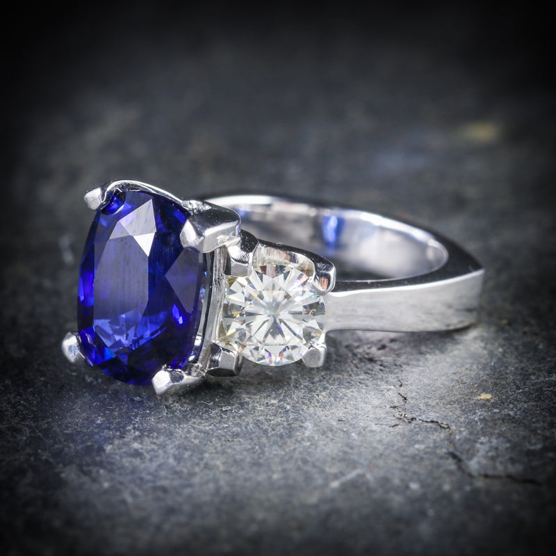 Sapphire Moissanite Trilogy Ring 14k Gold Fabulous Engagement Ring SIDE