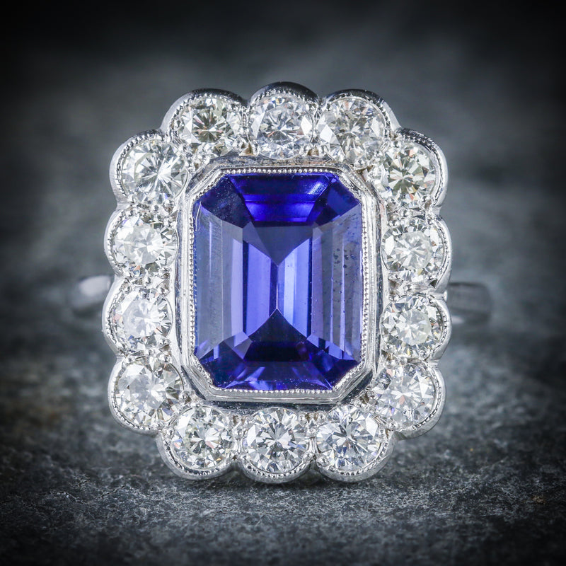 TANZANITE DIAMOND RING 18CT WHITE GOLD 4CT TANZANITE FRONT