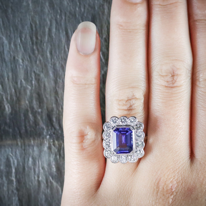 TANZANITE DIAMOND RING 18CT WHITE GOLD 4CT TANZANITE HAND
