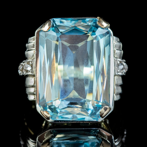 VINTAGE AQUAMARINE DIAMOND COCKTAIL RING 14CT GOLD 14.50CT SCISSOR CUT AQUA