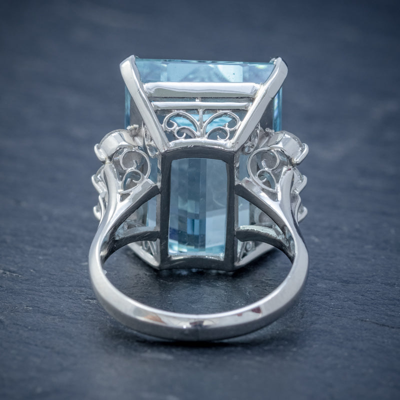 VINTAGE AQUAMARINE DIAMOND COCKTAIL RING PLATINUM 20CT EMERALD CUT AQUA BACK