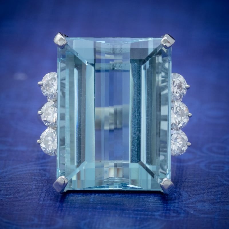 VINTAGE AQUAMARINE DIAMOND COCKTAIL RING PLATINUM 20CT EMERALD CUT AQUA COVER
