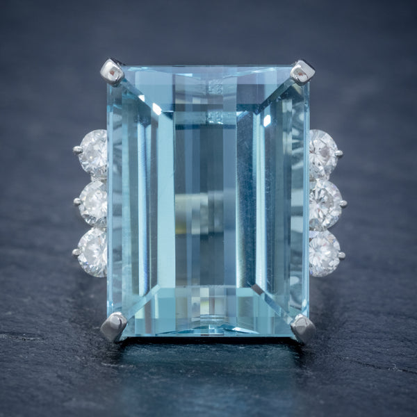 VINTAGE AQUAMARINE DIAMOND COCKTAIL RING PLATINUM 20CT EMERALD CUT AQUA  FRONT