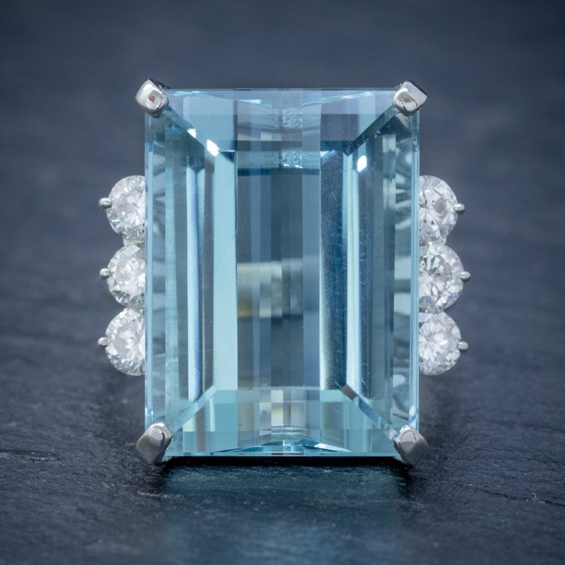 VINTAGE AQUAMARINE DIAMOND COCKTAIL RING PLATINUM 20CT EMERALD CUT AQUA  FRONT