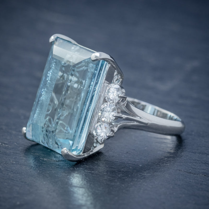 VINTAGE AQUAMARINE DIAMOND COCKTAIL RING PLATINUM 20CT EMERALD CUT AQUA SIDE