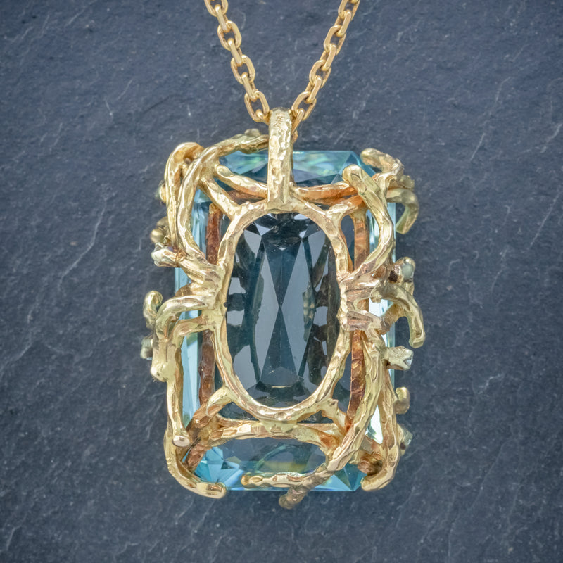 VINTAGE AQUAMARINE DIAMOND PENDANT NECKLACE 18CT GOLD 42CT SCISSOR CUT AQUA BACK