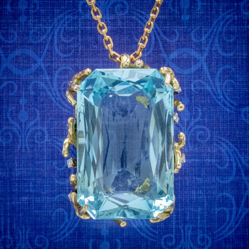 VINTAGE AQUAMARINE DIAMOND PENDANT NECKLACE 18CT GOLD 42CT SCISSOR CUT AQUA COVER