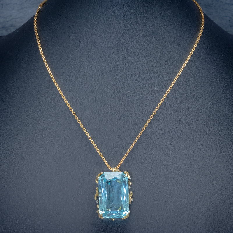 VINTAGE AQUAMARINE DIAMOND PENDANT NECKLACE 18CT GOLD 42CT SCISSOR CUT AQUA NECK