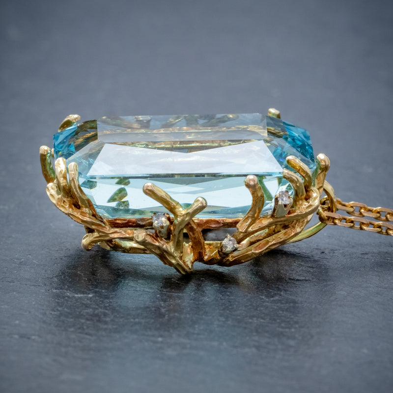 VINTAGE AQUAMARINE DIAMOND PENDANT NECKLACE 18CT GOLD 42CT SCISSOR CUT AQUA SIDE2