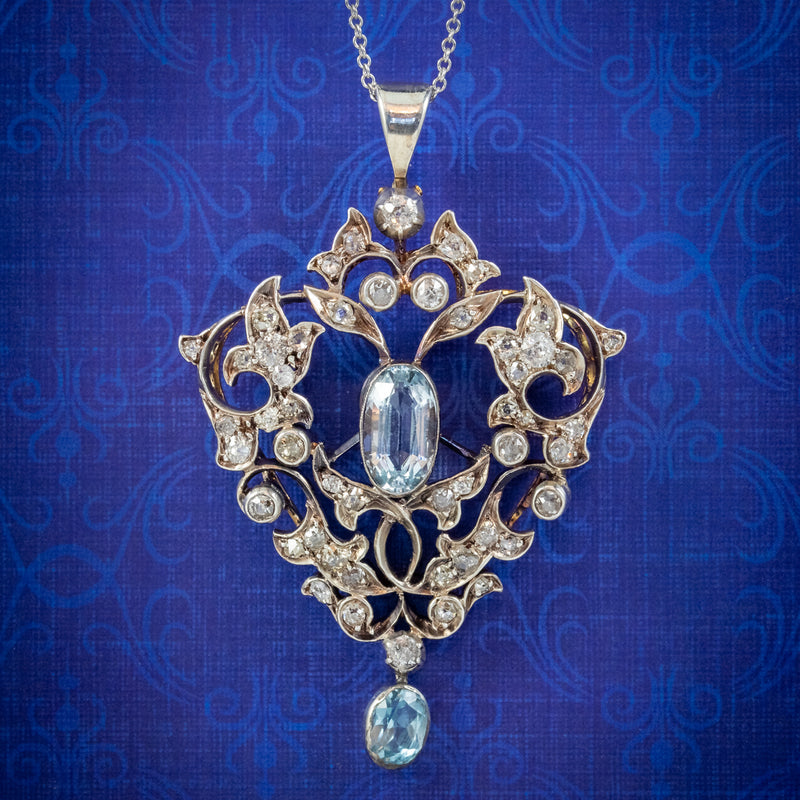 VINTAGE AQUAMARINE DIAMOND PENDANT NECKLACE 3CT AQUA 2.30CT DIAMONDS 9CT GOLD CIRCA 1950 COVER