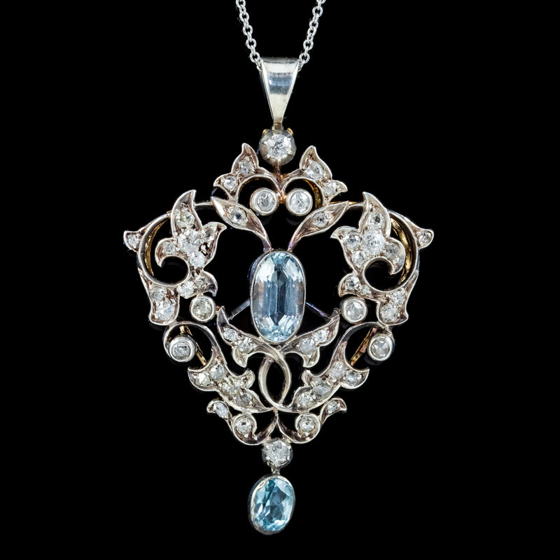 VINTAGE AQUAMARINE DIAMOND PENDANT NECKLACE 3CT AQUA 2.30CT DIAMONDS 9CT GOLD CIRCA 1950 FRONT