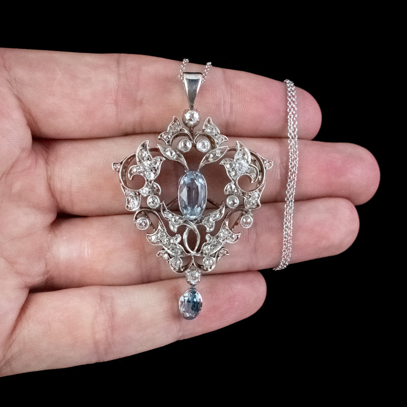 VINTAGE AQUAMARINE DIAMOND PENDANT NECKLACE 3CT AQUA 2.30CT DIAMONDS 9CT GOLD CIRCA 1950 HAND