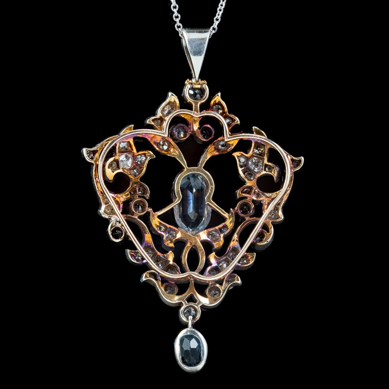 VINTAGE AQUAMARINE DIAMOND PENDANT NECKLACE 3CT AQUA 2.30CT DIAMONDS 9CT GOLD CIRCA 1950 BACK