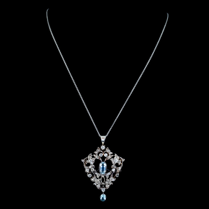 VINTAGE AQUAMARINE DIAMOND PENDANT NECKLACE 3CT AQUA 2.30CT DIAMONDS 9CT GOLD CIRCA 1950 NECK