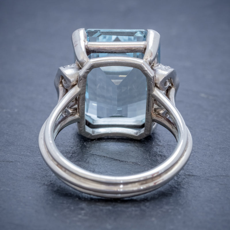 VINTAGE AQUAMARINE DIAMOND RING 14CT WHITE GOLD 15CT EMERALD CUT AQUA BACK