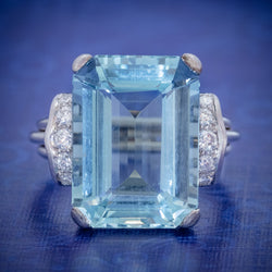 VINTAGE AQUAMARINE DIAMOND RING 14CT WHITE GOLD 15CT EMERALD CUT AQUA COVER
