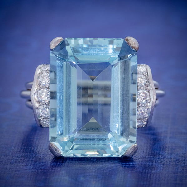 VINTAGE AQUAMARINE DIAMOND RING 14CT WHITE GOLD 15CT EMERALD CUT AQUA COVER