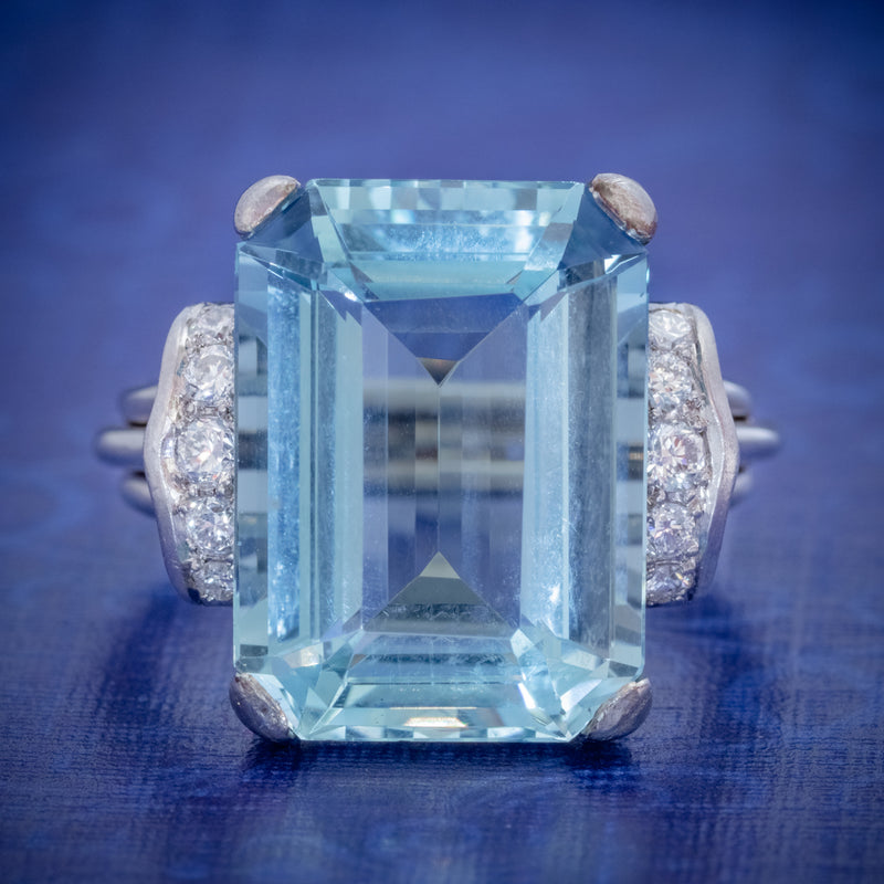 VINTAGE AQUAMARINE DIAMOND RING 14CT WHITE GOLD 15CT EMERALD CUT AQUA COVER