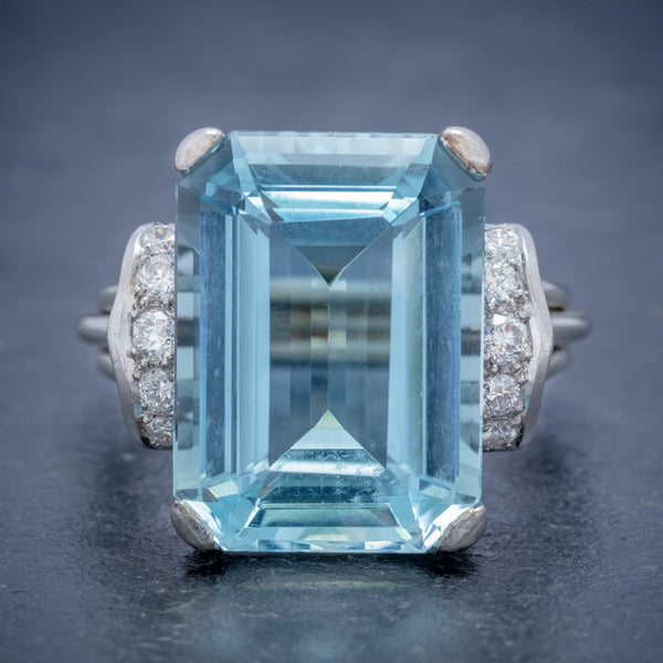VINTAGE AQUAMARINE DIAMOND RING 14CT WHITE GOLD 15CT EMERALD CUT AQUA  FRONT