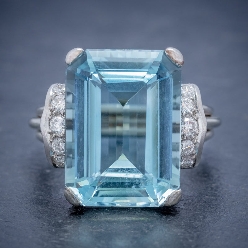VINTAGE AQUAMARINE DIAMOND RING 14CT WHITE GOLD 15CT EMERALD CUT AQUA  FRONT