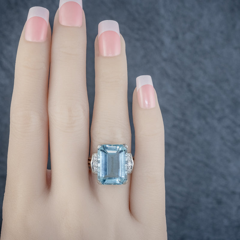 VINTAGE AQUAMARINE DIAMOND RING 14CT WHITE GOLD 15CT EMERALD CUT AQUA  HAND