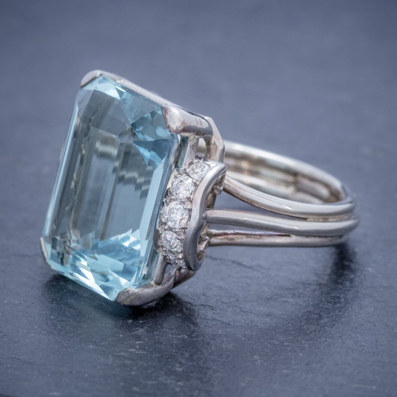 VINTAGE AQUAMARINE DIAMOND RING 14CT WHITE GOLD 15CT EMERALD CUT AQUA  SIDE