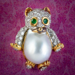 VINTAGE DIAMOND PEARL BEAR PENDANT BROOCH 18CT GOLD EMERALD EYES 2CT OF DIAMOND