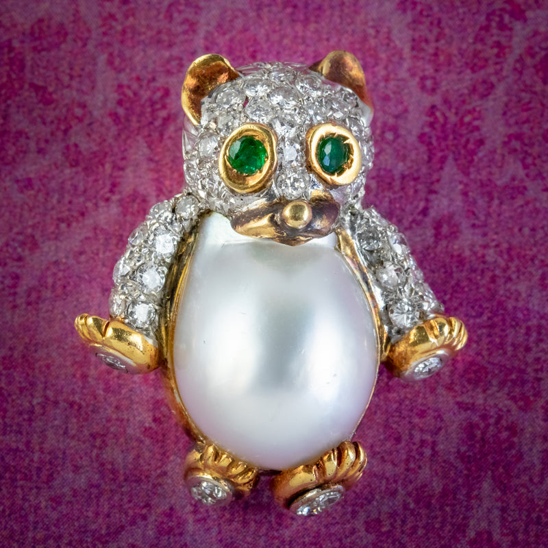 VINTAGE DIAMOND PEARL BEAR PENDANT BROOCH 18CT GOLD EMERALD EYES 2CT OF DIAMOND