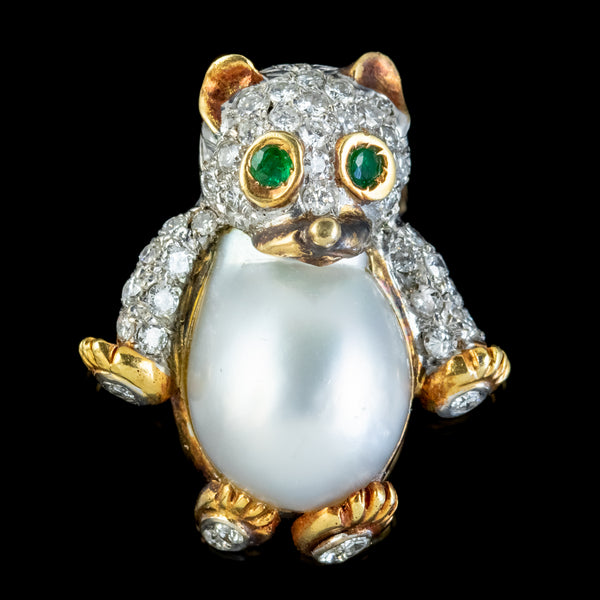 VINTAGE DIAMOND PEARL BEAR PENDANT BROOCH 18CT GOLD EMERALD EYES 2CT OF DIAMOND