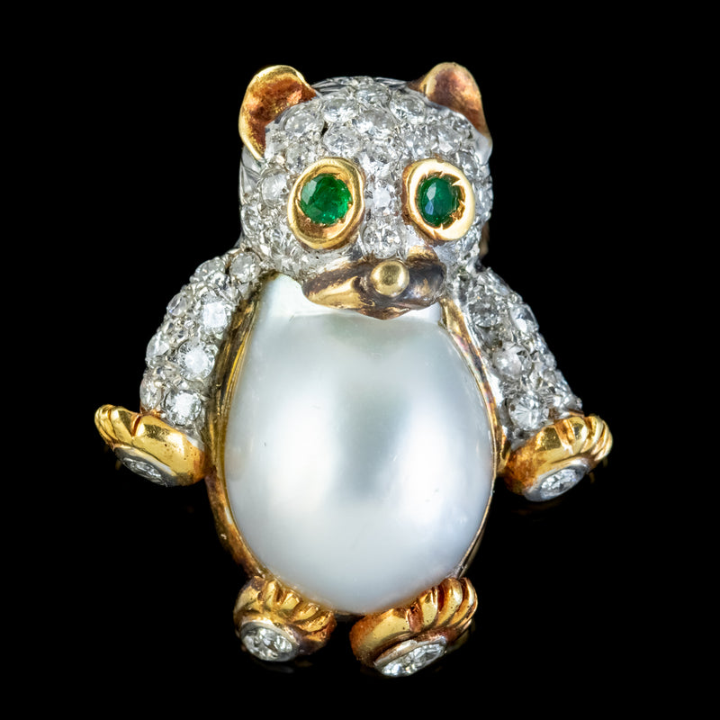 VINTAGE DIAMOND PEARL BEAR PENDANT BROOCH 18CT GOLD EMERALD EYES 2CT OF DIAMOND