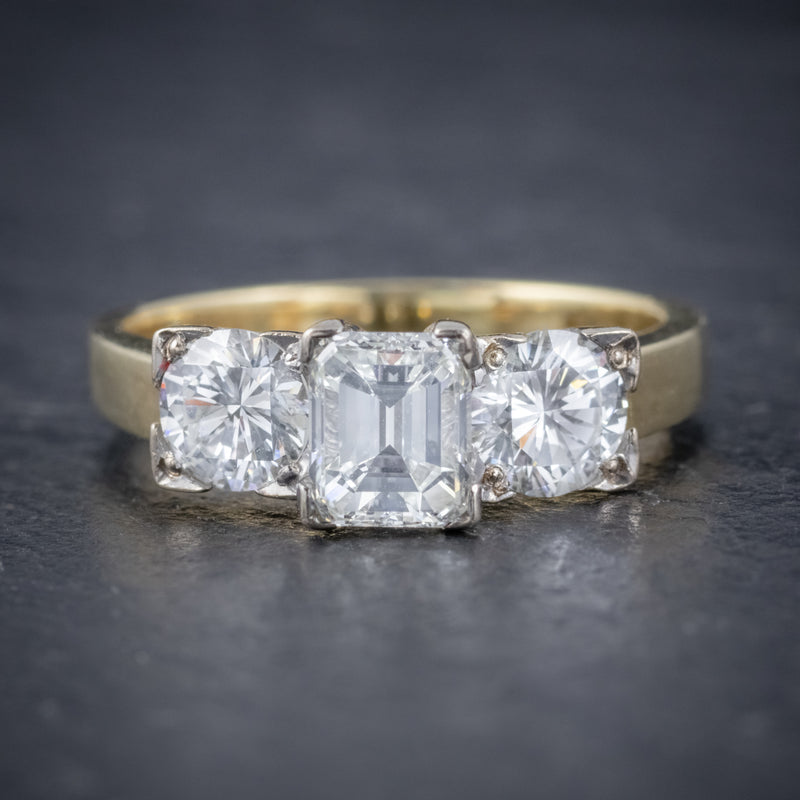 VINTAGE DIAMOND TRILOGY RING 18CT GOLD PLATINUM 2CT DIAMONDS FRONT