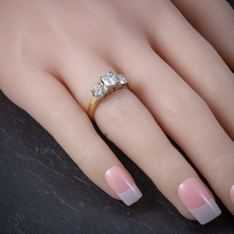 VINTAGE DIAMOND TRILOGY RING 18CT GOLD PLATINUM 2CT DIAMONDS HAND