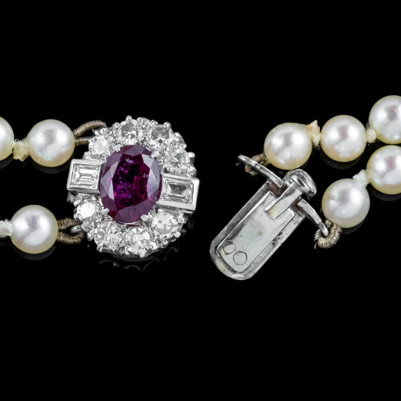 Art Deco Double Pearl Necklace Ruby Diamond 18Ct Gold Clasp With Cert
