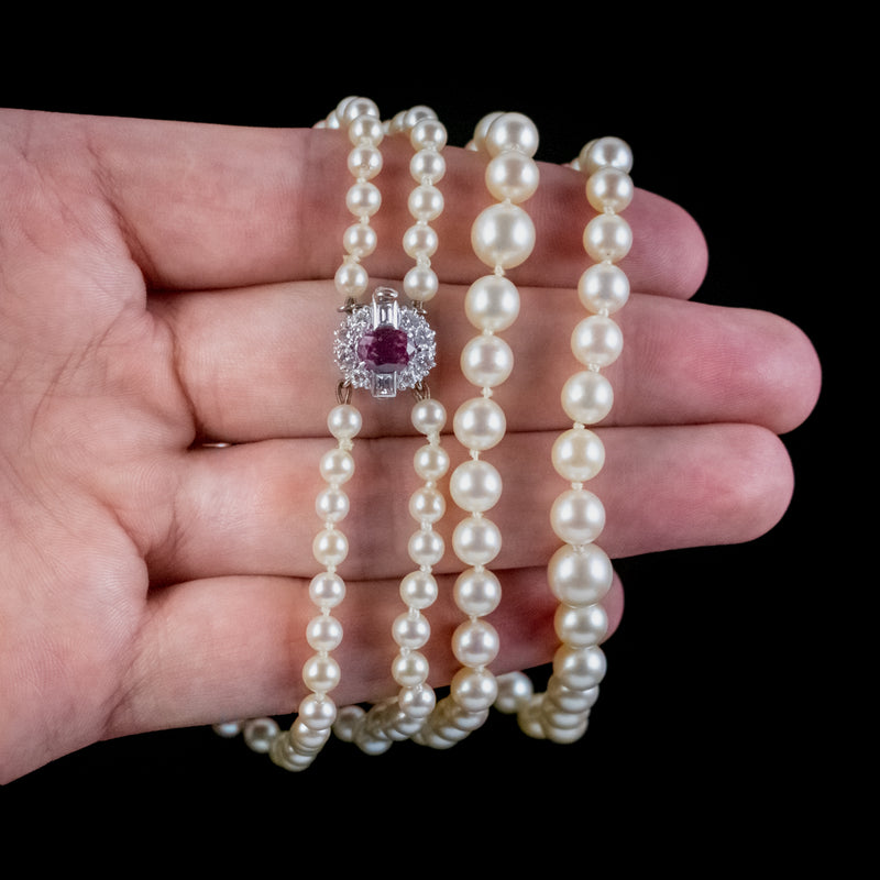 Art Deco Double Pearl Necklace Ruby Diamond 18Ct Gold Clasp With Cert