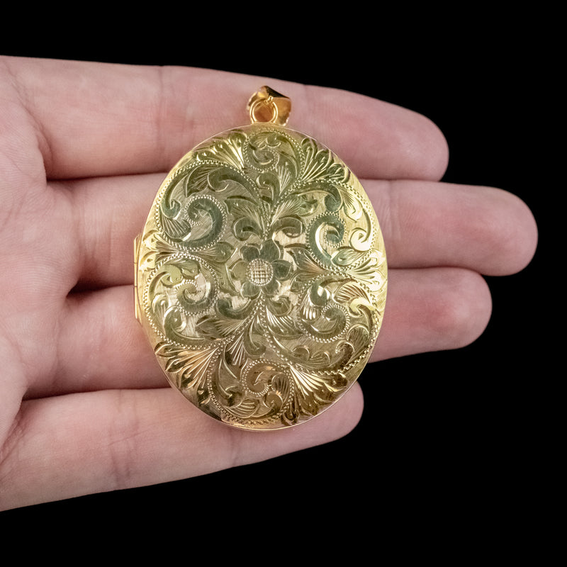 VINTAGE FLORAL LOCKET STERLING SILVER 18CT GOLD GILT DATED 1975