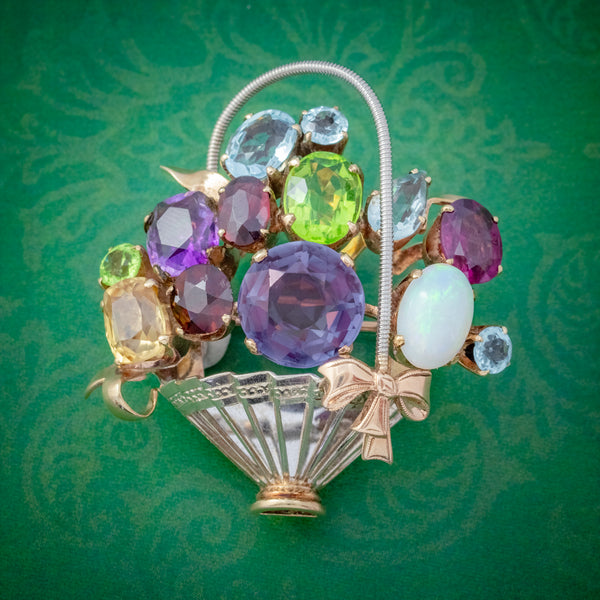 VINTAGE GEMSTONE FLOWER BASKET BROOCH 9CT GOLD AMETHYST OPAL CITRINE GARNET PERIDOT  COVER