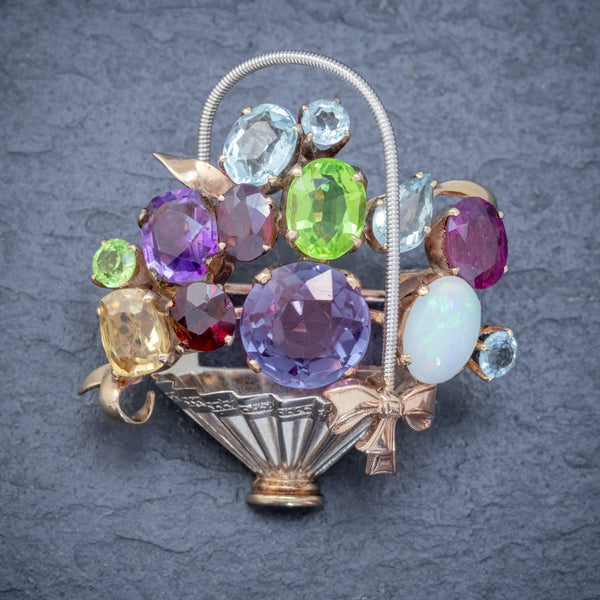 VINTAGE GEMSTONE FLOWER BASKET BROOCH 9CT GOLD AMETHYST OPAL CITRINE GARNET PERIDOT  FRONT