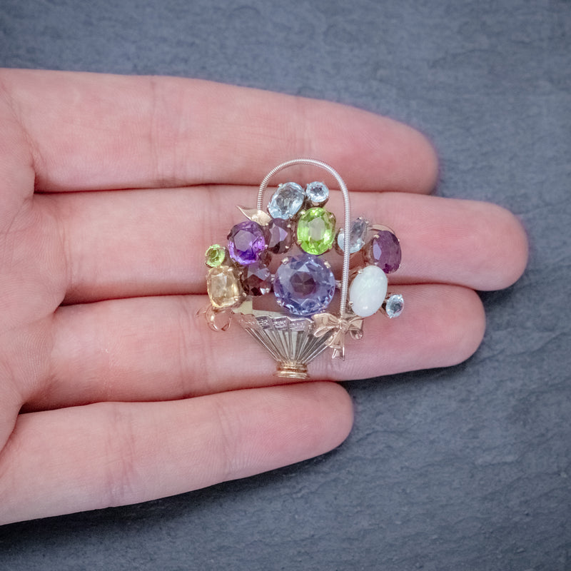 VINTAGE GEMSTONE FLOWER BASKET BROOCH 9CT GOLD AMETHYST OPAL CITRINE GARNET PERIDOT  HAND