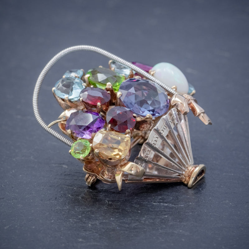 VINTAGE GEMSTONE FLOWER BASKET BROOCH 9CT GOLD AMETHYST OPAL CITRINE GARNET PERIDOT SIDE