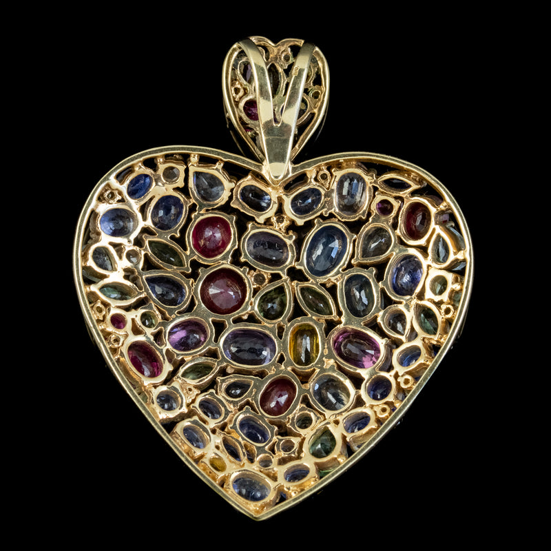 VINTAGE HARLEQUIN HEART PENDANT SAPPHIRE RUBY DIAMOND 9CT GOLD WITH CERT