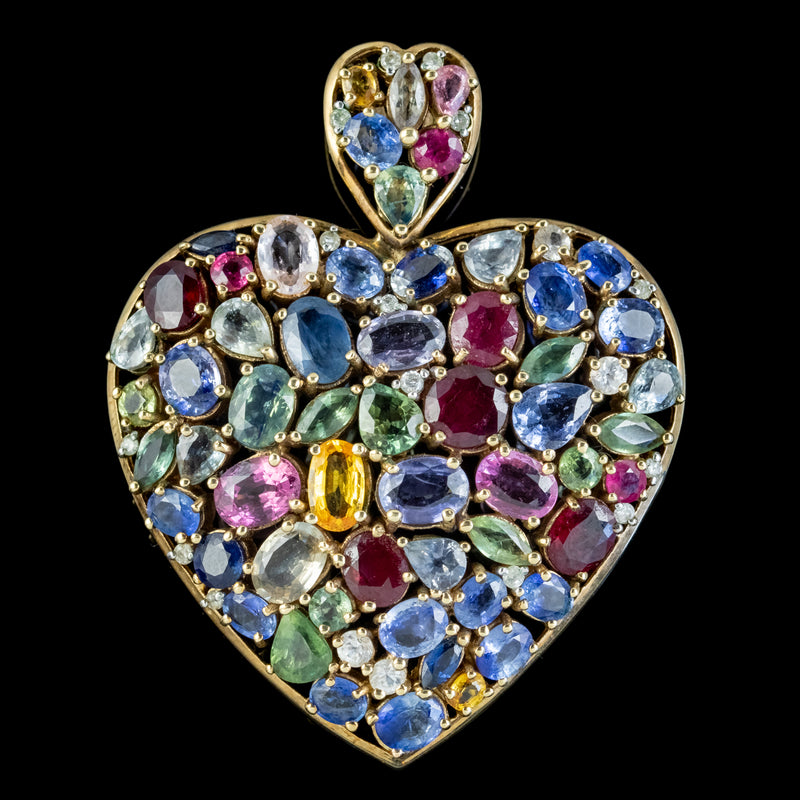 VINTAGE HARLEQUIN HEART PENDANT SAPPHIRE RUBY DIAMOND 9CT GOLD WITH CERT