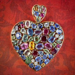 VINTAGE HARLEQUIN HEART PENDANT SAPPHIRE RUBY DIAMOND 9CT GOLD WITH CERT